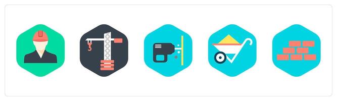 A set of 5 mix icons as engineer, crane, drilling vector