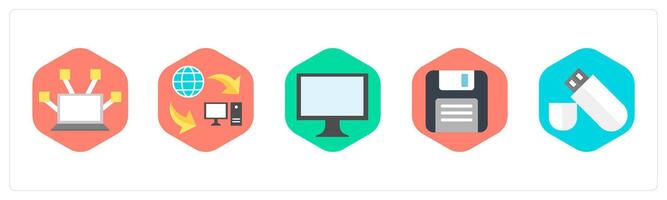 A set of 5 mix icons as computer network, data transfer, computer vector