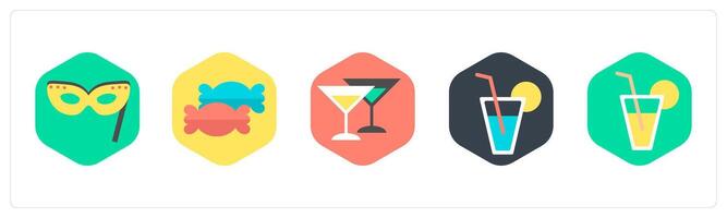 A set of 5 mix icons as party mask, candies, champagne vector
