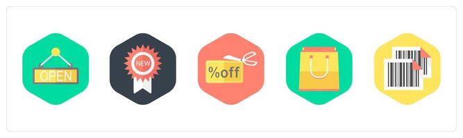 A set of 5 mix icons as open board, new badge, discount offer vector