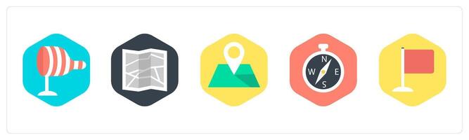 A set of 5 mix icons as wind indicator, map, pin vector