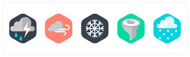 A set of 5 mix icons as thunderstorm, wind, snowflake vector