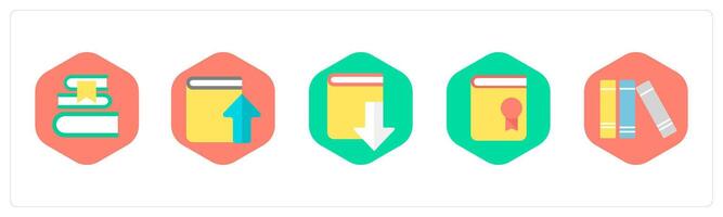 A set of 5 mix icons as books, upload book, book download vector