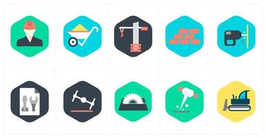 A set of 10 mix icons as engineer, wheel barrow, crane vector