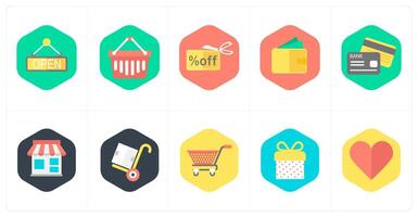 A set of 10 mix icons as open board, shopping basket, discount offer vector