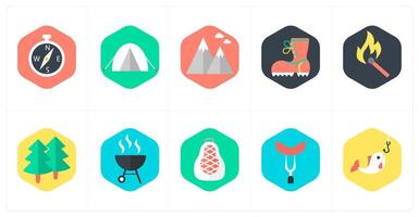 A set of 10 mix icons as compass direction, camping, hills vector