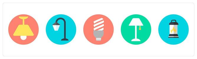 A set of 5 mix icons as ceiling lamp, street lamp, led light vector