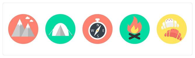A set of 5 mix icons as hills, camping, compass direction vector