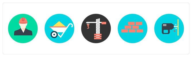 A set of 5 mix icons as engineer, wheel barrow, crane vector