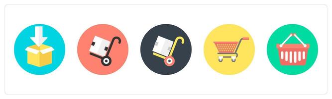 A set of 5 mix icons as parcel, parcel trolley, trolley vector