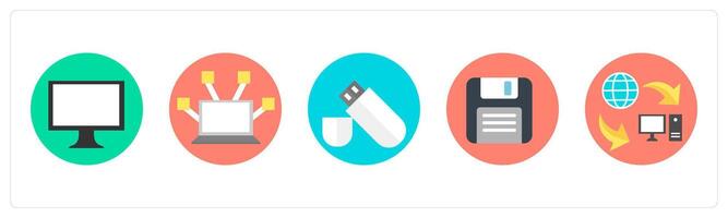 A set of 5 mix icons as computer, computer network, pendrive vector