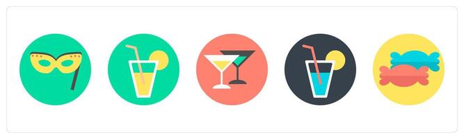 A set of 5 mix icons as party mask, lemon juice, champagne vector