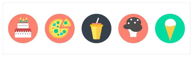 A set of 5 mix icons as pizza, cake, beverage vector