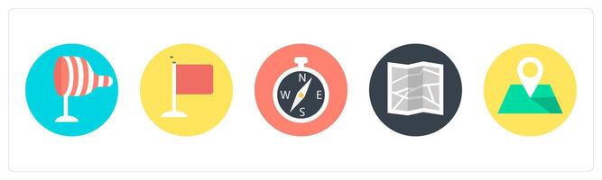 A set of 5 mix icons as wind indicator, destination, compass direction vector
