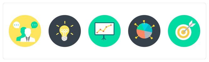 A set of 5 mix icons as business conversation, idea, board analysis vector