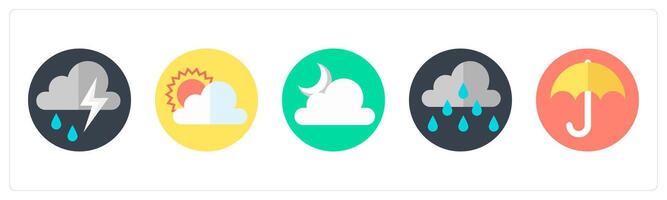 A set of 5 mix icons as thunderstorm, cloudy day, night vector