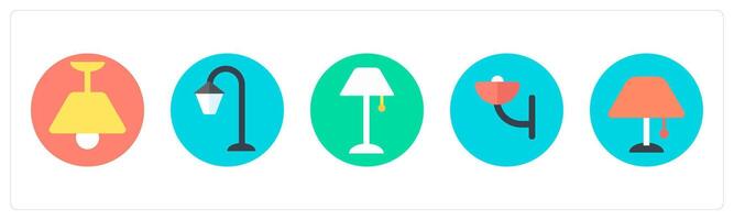 A set of 5 mix icons as ceiling lamp, street lamp, table lamp vector