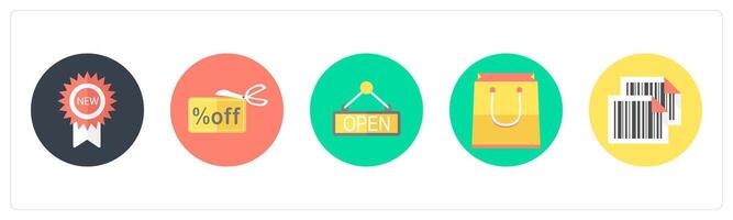 A set of 5 mix icons as new badge, discount offer, open board vector