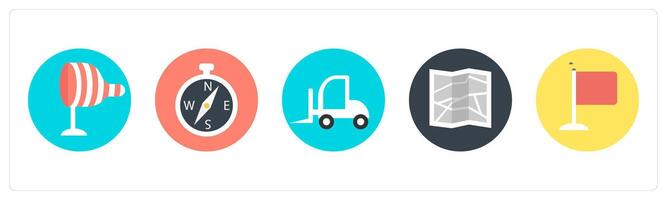 A set of 5 mix icons as wind indicator, compass direction, travel car vector