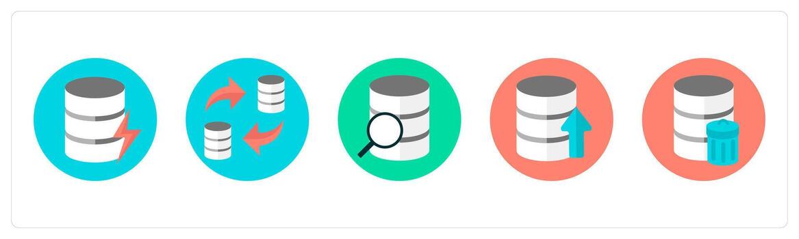 A set of 5 mix icons as database, data transfer, data search vector