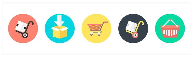 A set of 5 mix icons as parcel trolley, parcel, cart vector