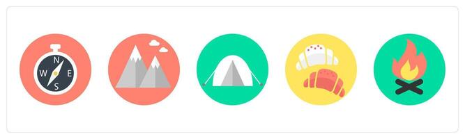 A set of 5 mix icons as compass direction, hills, camping vector
