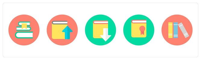 A set of 5 mix icons as books, upload book, book download vector