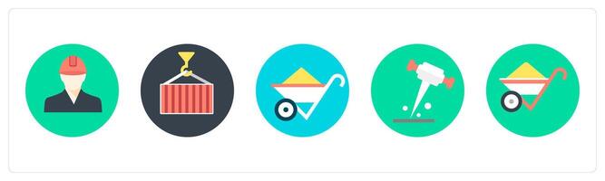 A set of 5 mix icons as enginner, crane, wheel barrow vector