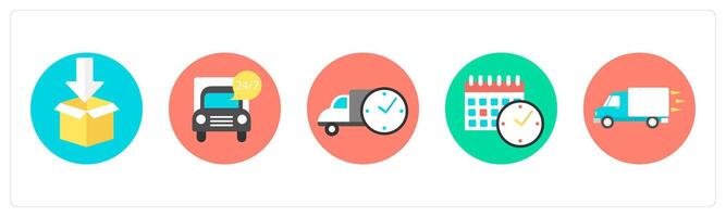 A set of 5 mix icons as parcel, 24x7 delivery, delivery time vector