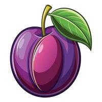 a purple plum fruit with a green leaf on it vector