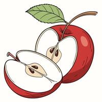 a red apple with a leaf on it and a slice cut in half vector