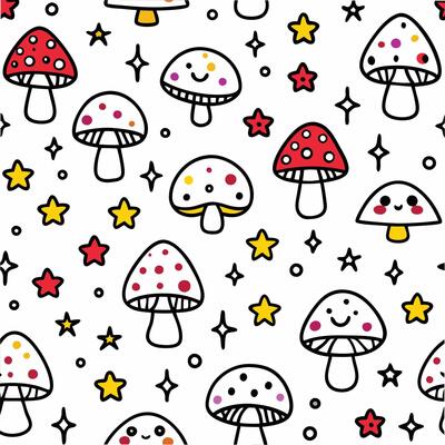 a seamless pattern with mushrooms and stars