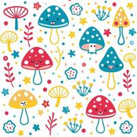 a colorful pattern with mushrooms and flowers vector