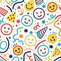 happy birthday seamless pattern with smiley faces and party hats vector