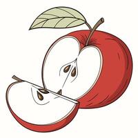 a red apple with a leaf on it and a slice cut in half vector