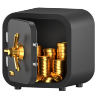 3d icon of a open black safe with stacks of golden coins inside png