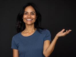Smiling hispanic female in blue shirt posing against black background photo