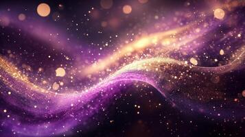 Abstract waves of glittering purple and gold particles in motion photo