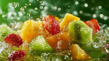 Fresh fruit splash with kiwi, mango, strawberry in vibrant green background photo
