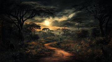 Moonlit pathway through a mystical forest landscape at night photo
