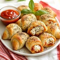 Savory pizza rolls with mozzarella and poppy seeds on a white plate photo