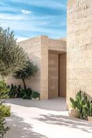 Modern stone architecture with minimalist landscaping and blue sky photo
