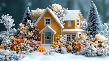 Snow-covered yellow house in frosty floral wonderland photo