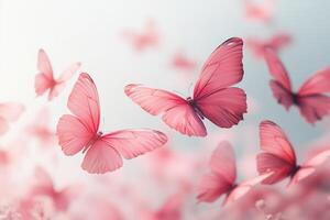 Elegant pink butterflies in flight against soft pastel background photo
