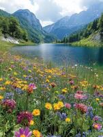 Vibrant wildflowers by serene mountain lake under clear skies photo