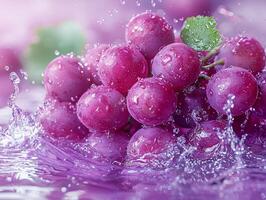 Fresh purple grapes splash in water with vibrant colors and drops photo