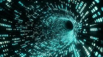 Futuristic digital data tunnel with binary code flow photo