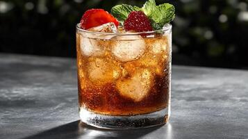 Refreshing cold brew coffee with berries and mint on a sunny day photo