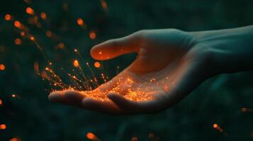Hand holding glowing particles in dark environment photo