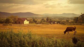 Rustic landscape with grazing cow under golden sky photo